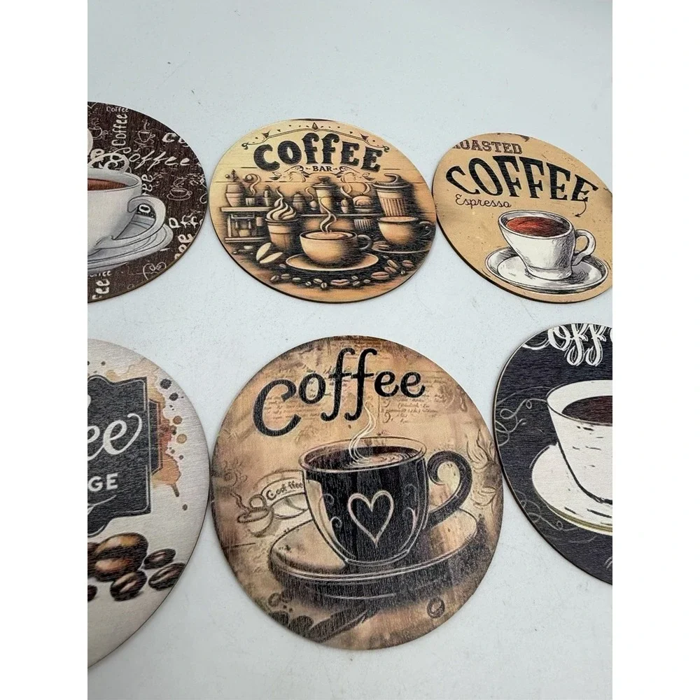 Set Of 8 Wooden Painted Coffee Themed Coasters NEW Natural Wood